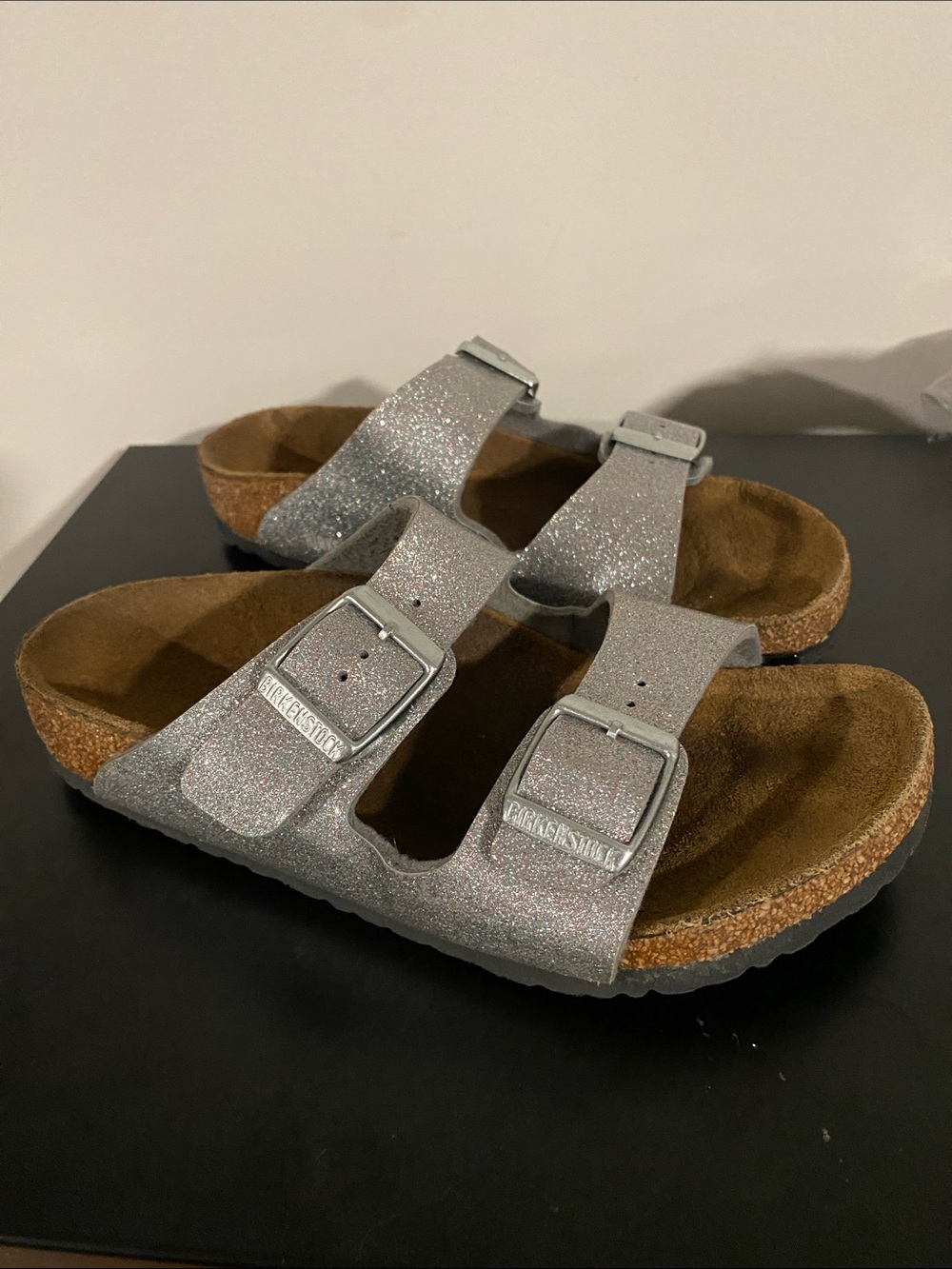 Birkenstock Kids Silver Glitter Double-Buckle Slide Sandals